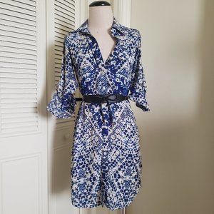 Blue Dot Print Button Down Shirt Dress